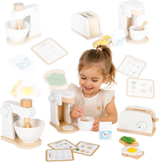 Set de electrodomésticos de cocina de madera para niños: tostadora, cafetera y batidora