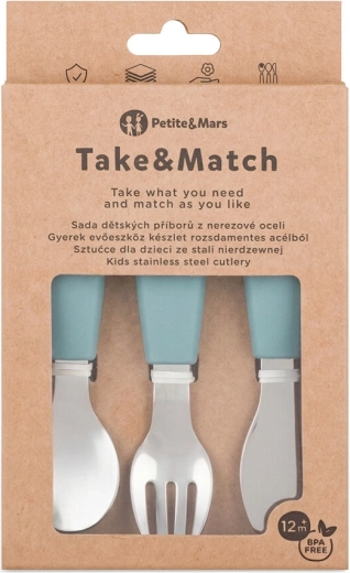 Petite&Mars set de cubiertos infantiles de acero inoxidable Take&Match Frosted sky 12m+