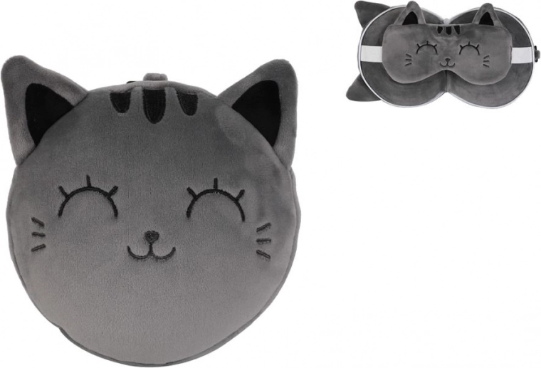 Almohada de viaje con máscara gato gris