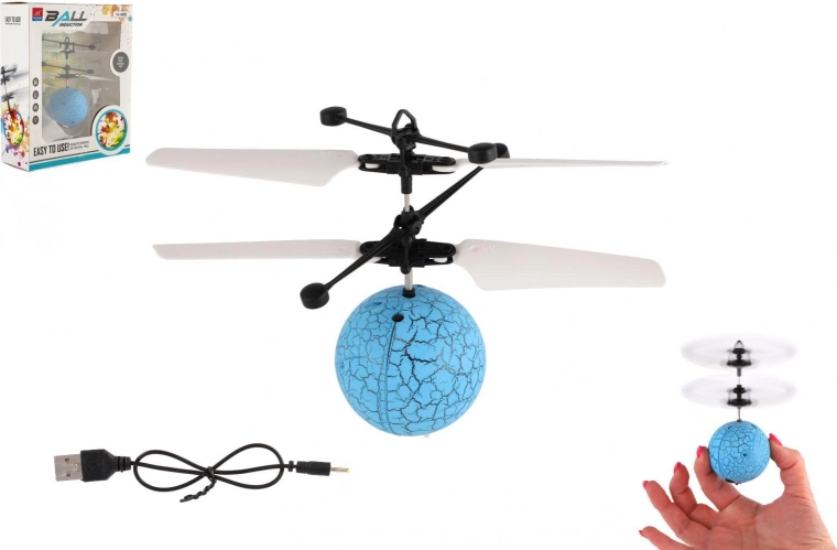 Bola voladora con hélice y luz LED con control por la palma, carga USB, azul