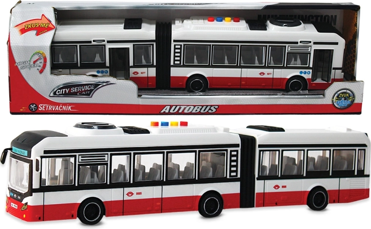 Autobús articulado City Service Car 1:16 rojo con sonidos y volante de inercia