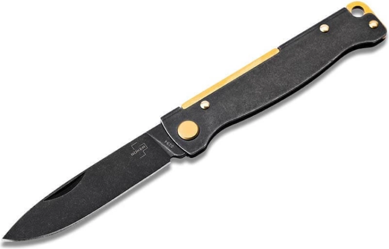 Navaja de bolsillo Böker Plus Atlas, 7,2 cm, acabado negro Blackwash, elementos de latón