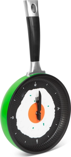 Reloj de pared con forma de sartén y huevo frito azul