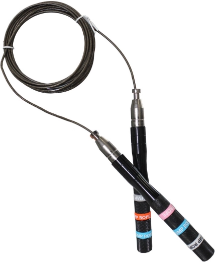 Cuerda de saltar de velocidad Merco Self-Lock 2,8 m con empuñaduras de aluminio y cable de acero, negra