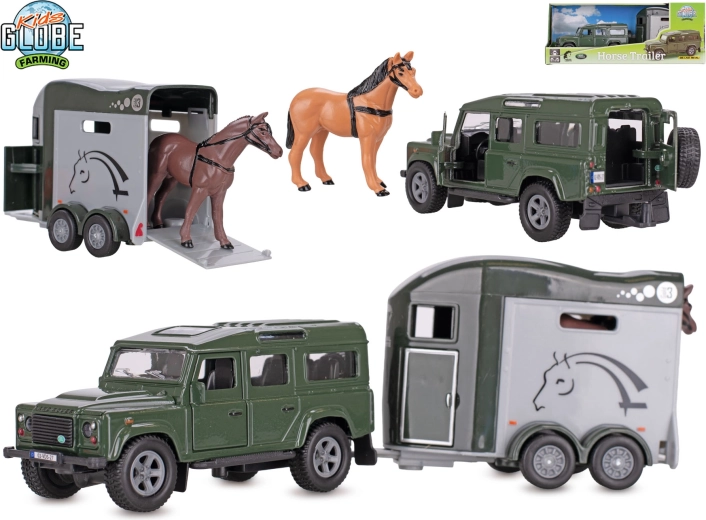 Kids Globe Farming Land Rover con remolque para caballos pull-back