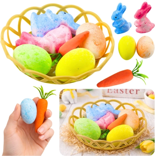 Decoración de Pascua en una cesta con conejitos, huevos y zanahoria - 6 piezas