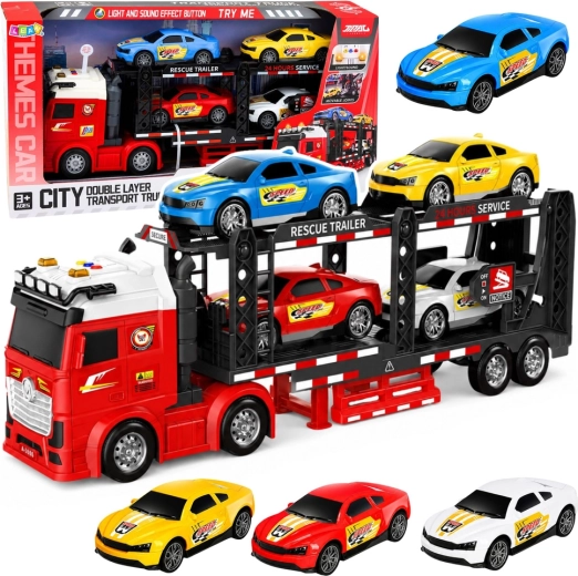 Camión de transporte – portacoches con 4 coches deportivos, luces y sonidos