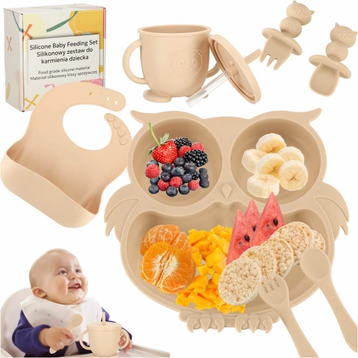 Juego de comedor de silicona para niños con motivo de búho, 8 piezas, beige