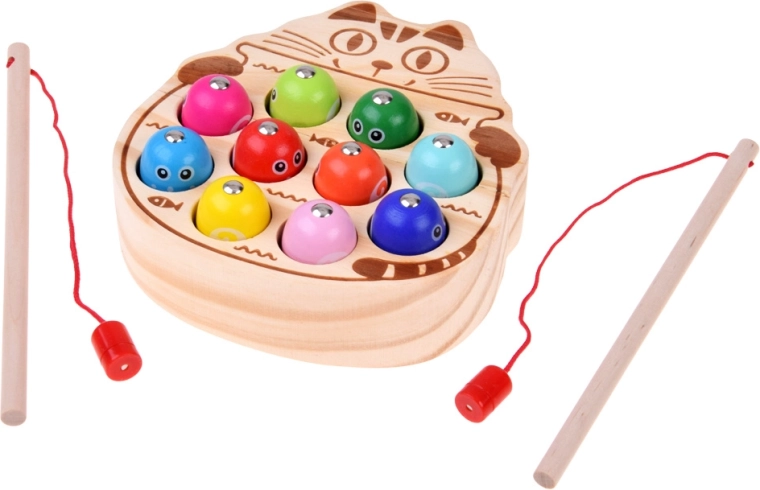 Tablero de madera con motivo de gato y pececitos de colores