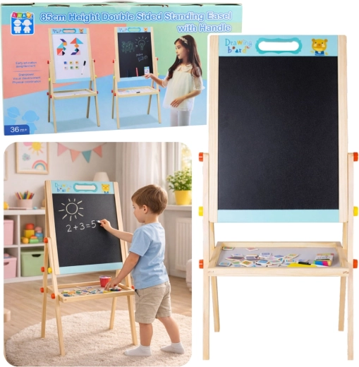 Pizarra magnética y de tiza de madera de doble cara para niños – azul