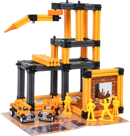 Garaje de construcción con accesorios y figuras