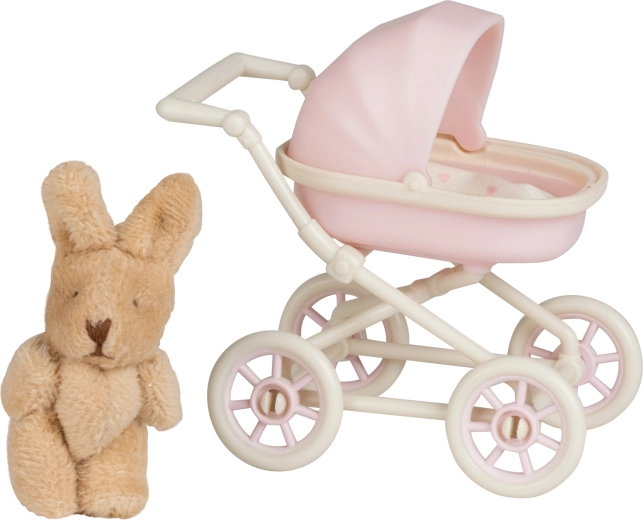 Cochecito Lundby con conejito de peluche para casa de muñecas