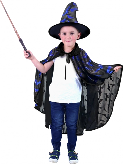 Capa infantil de mago con estampado de murciélagos y sombrero, negra