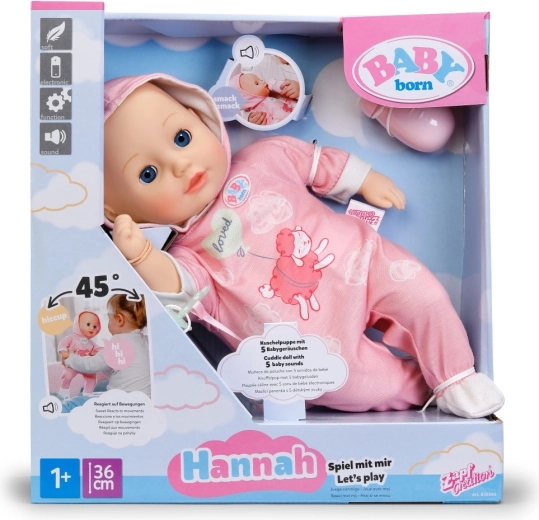 Baby Born Hannah – ven a jugar, muñeca de 36 cm con biberón y chupete