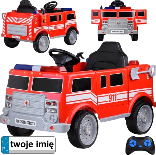 Coche de bomberos infantil a batería con mando a distancia, luces y sirena