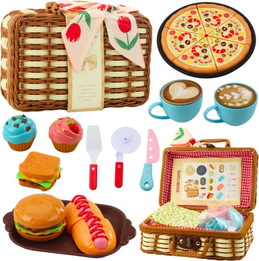 Cesta de pícnic para niños de 33 piezas – cesta trenzada, comida y accesorios