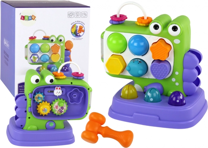 Panel interactivo de dinosaurio Whac‑a‑Mole con clasificador de formas para niños – morado