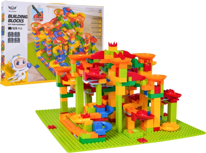 Juego de construcción colorido: pista de canicas de 523 piezas
