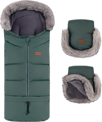 Set de invierno Petite&Mars: saco Arctic 4v1 y guantes para cochecito Furry khaki