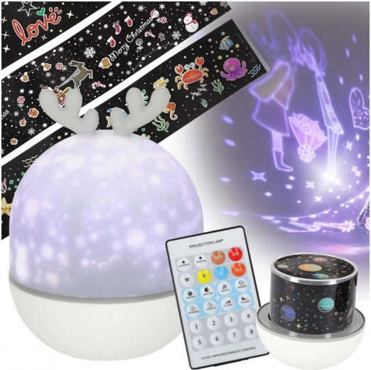 Proyector nocturno de estrellas con mando a distancia, USB, orejitas de reno, 6 motivos