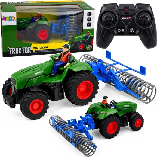 Tractor RC verde con rodillo de campo y figura de granjero 1:24