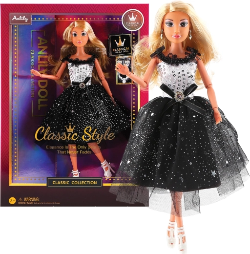 Muñeca de moda con vestido de gala en blanco y negro