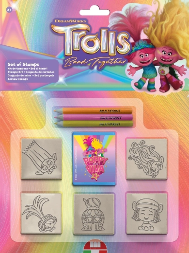 Set de sellos Trolls: 5 sellos y 3 rotuladores