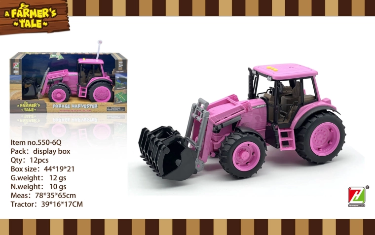Tractor interactivo rosa con garra, luces y sonidos a escala 1:16