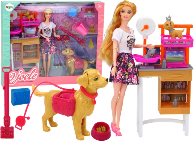 Set de juego con muñeca y mascotas: cuidado veterinario y grooming
