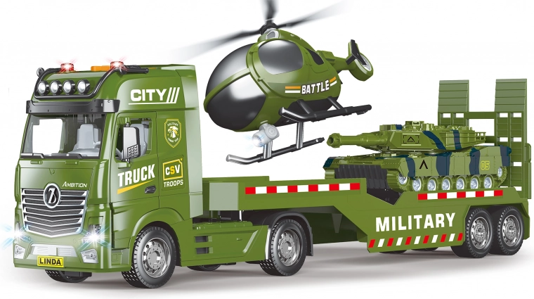 Camión militar remolcador con helicóptero y efectos 55 cm