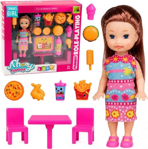 Mini muñeca con set de comida rápida, mesa y 2 sillas (11 cm)