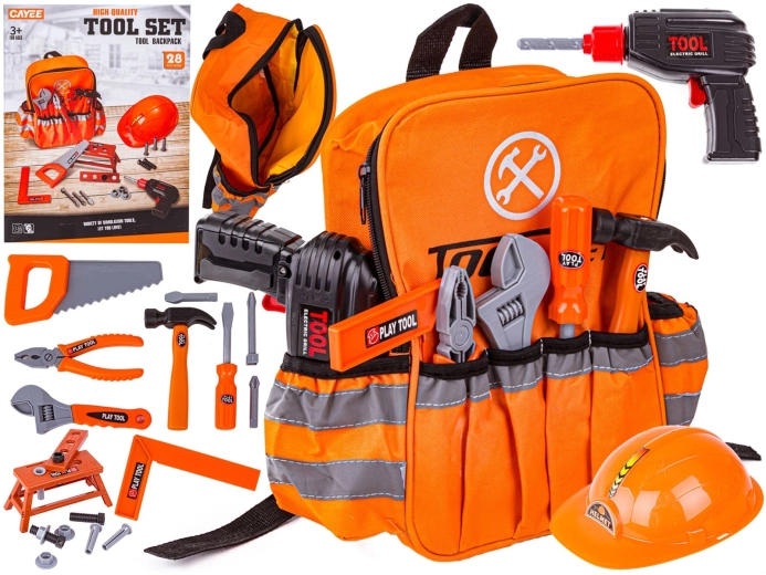 Set de herramientas infantil con mochila, destornillador a batería y casco de protección