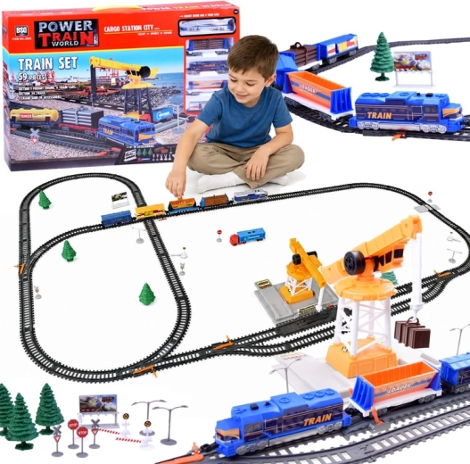 Circuito de tren de carga eléctrico Power Train World Cargo con estación y grúa, 670 cm, 59 piezas
