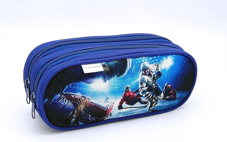 Estuche con motivo de hockey sobre hielo, con doble cremallera, azul