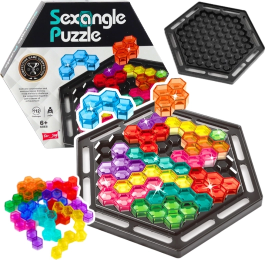 Juego de lógica SEXANGLE PUZZLE – tetris hexagonal con 16 piezas y 112 retos