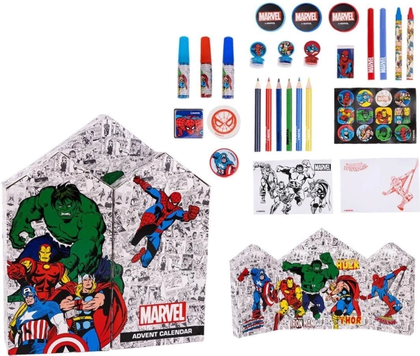 Calendario de Adviento Avengers con material de escritura y dibujo