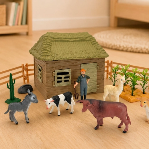 5 animales de granja + granjero con horca