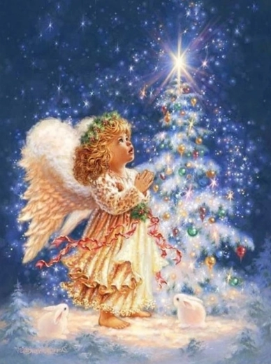 Pintura de diamantes Angelito junto al árbol de Navidad 30 × 40 cm