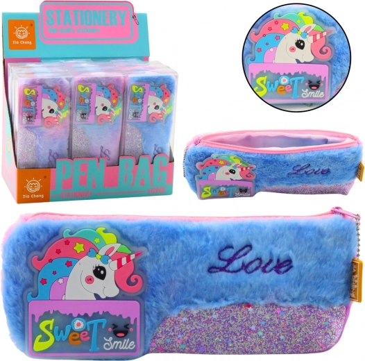 Estuche de peluche con unicornio azul con elementos brillantes