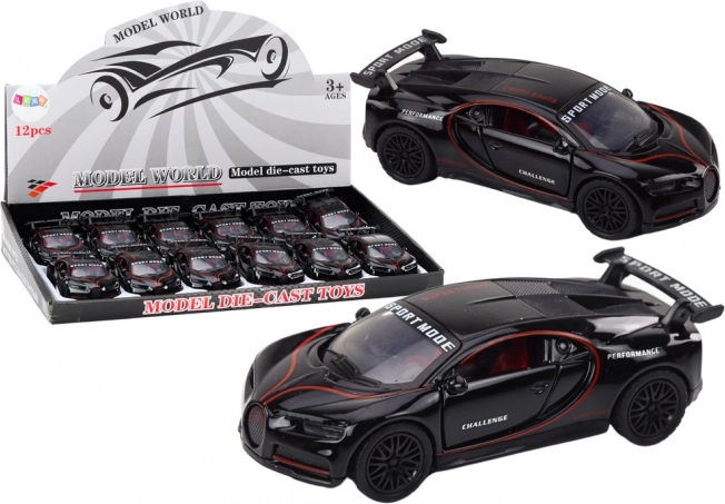 Coche deportivo metálico 1:32 con figura y alerón, negro, luces y sonidos