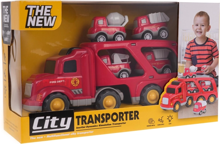 Set de vehículos de bomberos con camión: transportador y 4 cochecitos con luces y sonidos