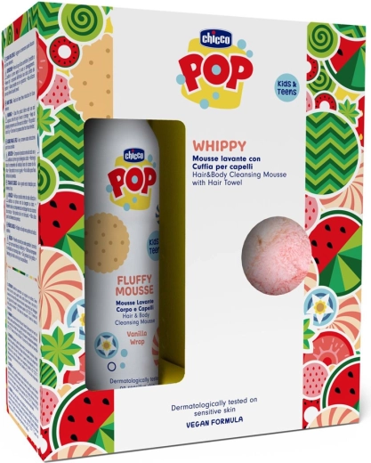 Chicco POP espuma de vainilla para cuerpo y cabello 2 en 1 con toalla para el cabello 200 ml