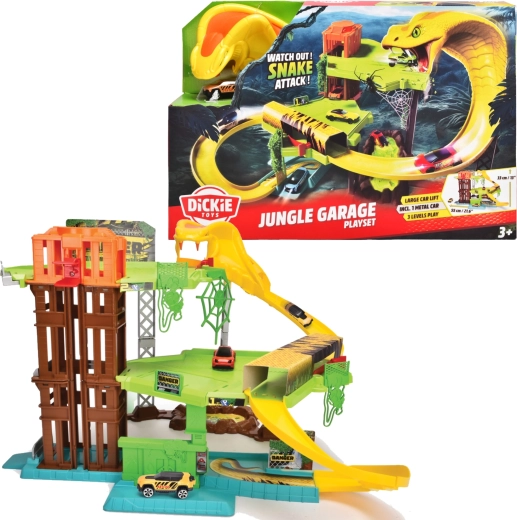 Dickie Toys ataque de serpiente jungla de 3 niveles – pista de carreras con plataforma elevadora y cochecito