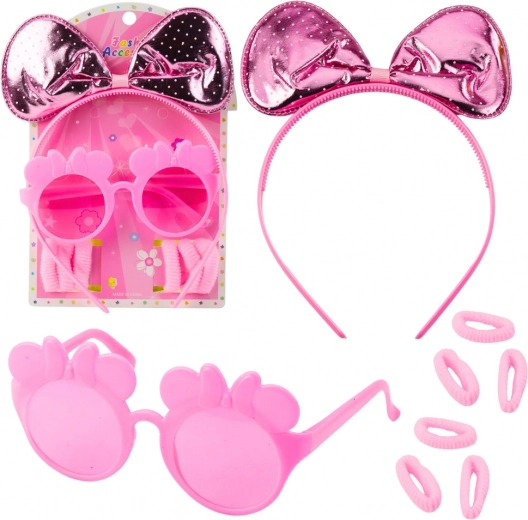 Set rosa de accesorios para niños: diadema con lazo, gafas y gomas elásticas