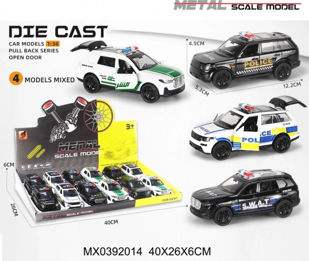 Modelo metálico de coche de policía 1:36 con mecanismo de retroceso (pull back) y luces