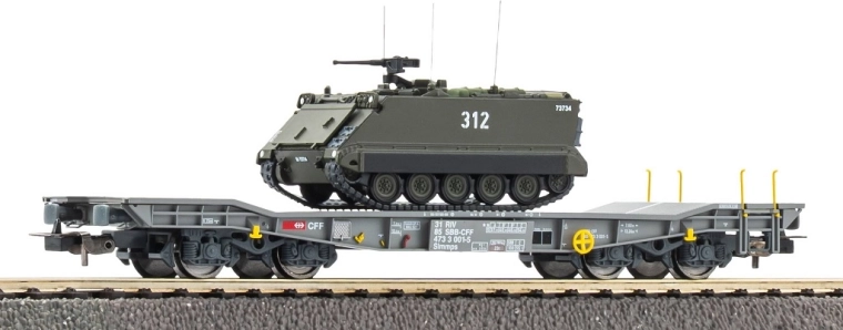 Piko vagón plataforma pesado Slmmnps con vehículo blindado M113 (SBB-CFF), H0