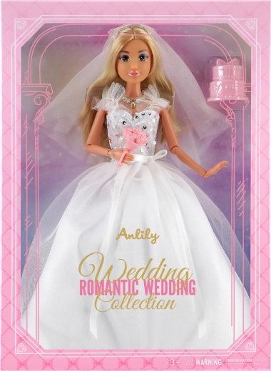 Muñeca de moda con vestido de novia y ramo