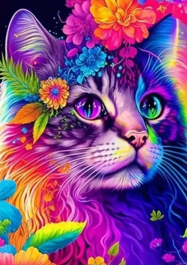 Pintura de diamantes: gato de colores con flores 30 × 40 cm