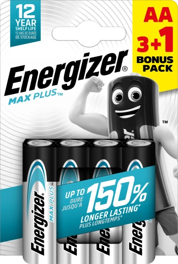 Pilas alcalinas Energizer Max Plus AA 3+1 gratis, 4 uds.