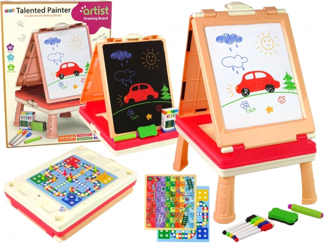 Pizarra infantil 3 en 1 de doble cara con mesa y juegos de mesa